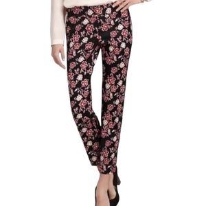 Ann Taylor Floral Ankle Pants 0 Black Red Satin Feel Side Slit Dress Pants